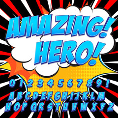 Comic alphabet set. Letters, numbers and figures for kids' illustrations, websites, comics, banners