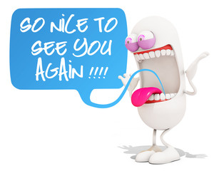happy 3d cartoon character saying "so nice to see you again!", 3