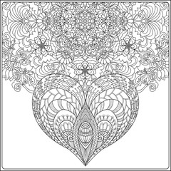 Hand drawn floral mandala with butterflies and decorative Love Heart.  Adult coloring book.