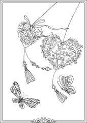 Decorative love hearts and butterflies. Adult coloring book.