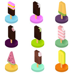Set of isometric different kinds of ice cream on color stands with shadow. Modern isometric concept