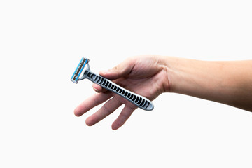 Hand with shaving razor on a white background