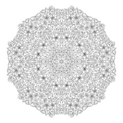 Apple tree flowers mandala. Good for coloring book for adult and older children or like greeting card for birthday, Valentines day or wedding. Vector illustration. Outline drawing.