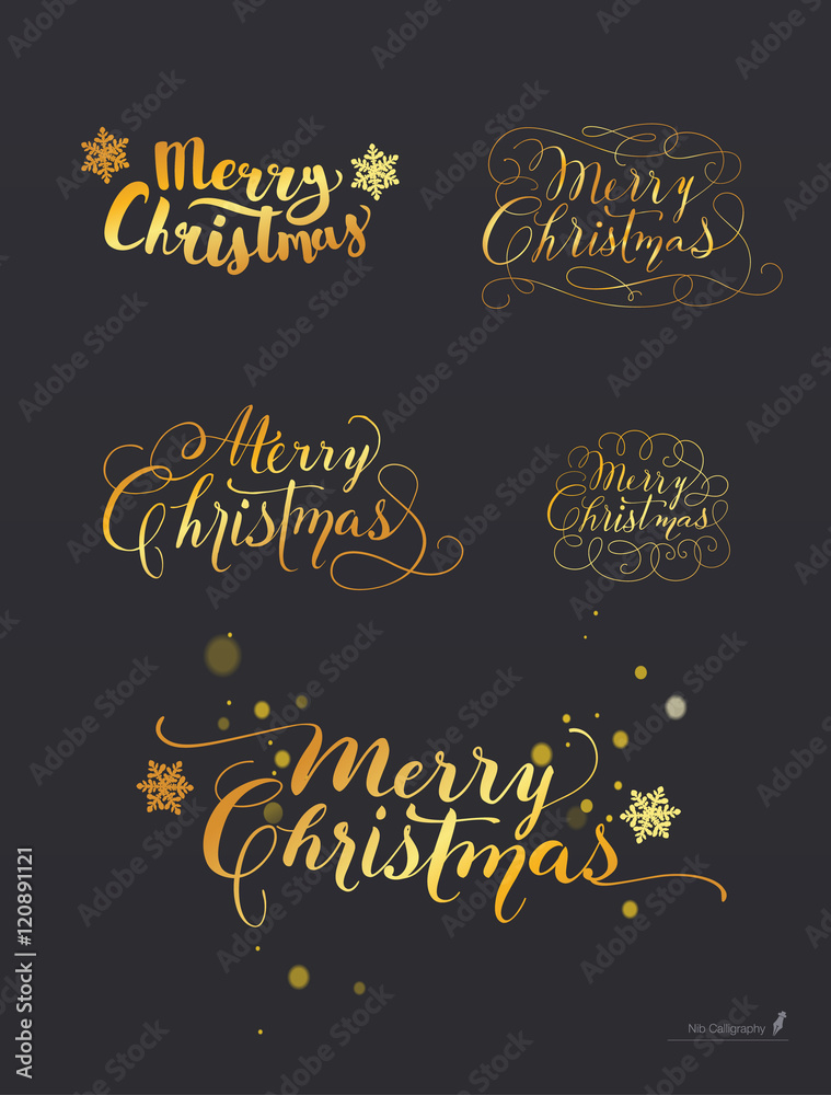 Fototapete set of hand-drawn lettering based on a nib and brush calligraphy. snowflakes on the background. merr