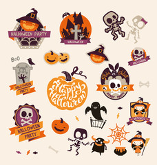 Set of Retro Vintage Happy Halloween Badges, Stickers, Labels. Design Elements for Greetings Card or Party Flyer. Vector Illustration