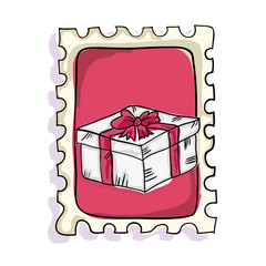 gift box present with pink bow ribbon postage stamp. vector illustration