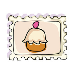 cup cake dessert with cherry postage stamp. vector illustration