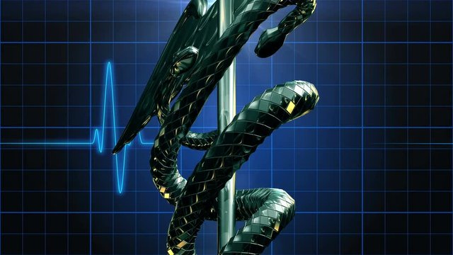 Caduceus 104: The Caduceus medical symbol rotating over an EKG heart monitor pulse on a blue grid.