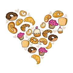 heart shape of donuts muffins and bakery products. vector illustration