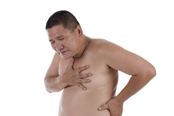 Fototapeta na wymiar fat man suffering from heart attack or breathing difficulties