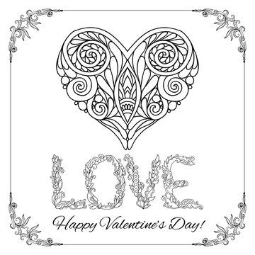 Decorative Love Heart and word Love in floral frame card. Adult coloring page.