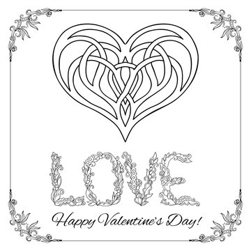 Decorative Love Heart and word Love in floral frame card. Adult coloring page.