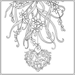 Decorative Love heart and vintage flowers card for Valentine's Day. Adult coloring page.