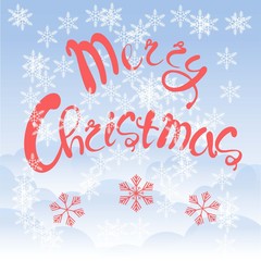 Red lettering Merry Christmas on blue sky background, white cloud, snow-flakes, vector illustration