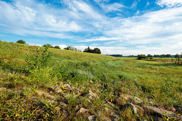 Fototapeta premium River Rhine Dike protected by huges Stones nearby Duesseldorf
