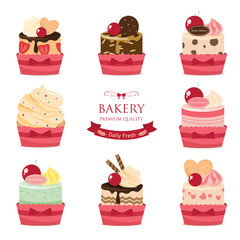 set of bakery sweet cup cake mix fruit.