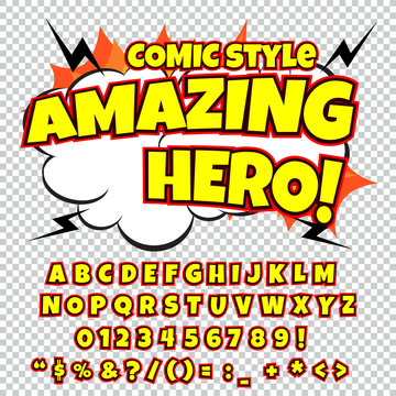 Creative high detail comic font. Alphabet in the style of comics, pop art. Letters and figures for decoration of kids