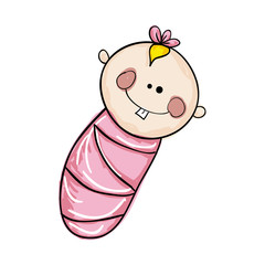 Newborn baby girl smiling wrapped on pink blanket cartoon. vector illustration