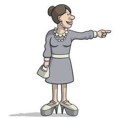 illustration with a woman with hand pointing and smiles