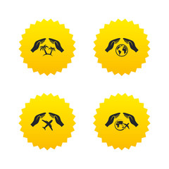 Hands insurance icons. Travel trip flights.