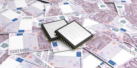 Electronic circuit on 500 euros banknotes background. 3d illustration