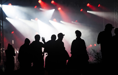 Cheering crowd in front of stage lights