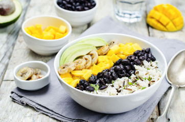 black beans fried banana mango cilantro rice bowl