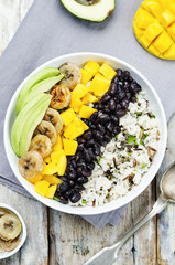 black beans fried banana mango cilantro rice bowl