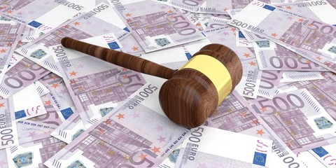 Gavel on 500 euros banknotes. 3d illustration