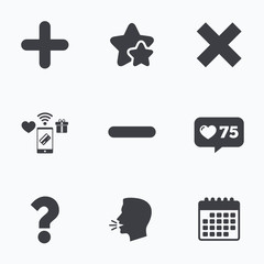 Plus and minus icons. Question FAQ symbol.