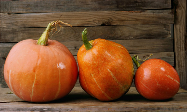 Three pumpkins big medium and small on wooden table with bokeh background. The concept family.