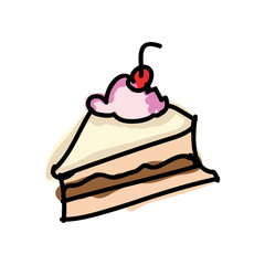 piece of cake sweet dessert with cherry. drawn design. vector illustration