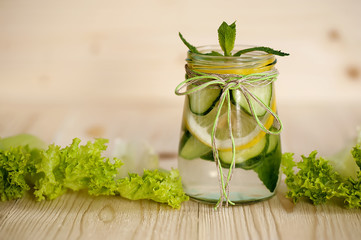 Infused water with mint, lemon and cucmber  in a glass.
