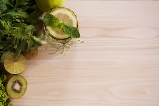 Infused Water With Mint, Lemon And Cucmber  In A Glass.