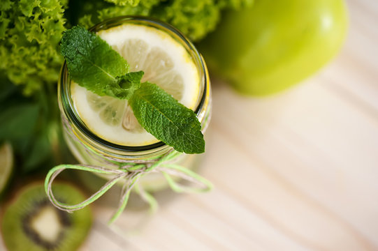 Infused Water With Mint, Lemon And Cucmber  In A Glass.