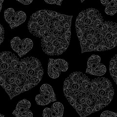Seamless pattern with Love Hearts. White on blacr background