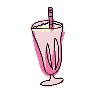 strawberry milkshake on glass cup with wafer roll. drawn design vector illustration