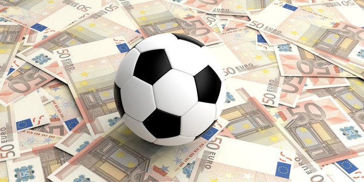 Soccer ball on 50 euros banknotes. 3d illustration