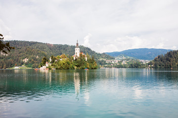 Lake Bled, island with church and mountains in Slovenia