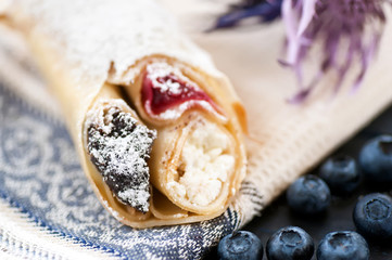 pancake with berries, poppy and cottage cheese