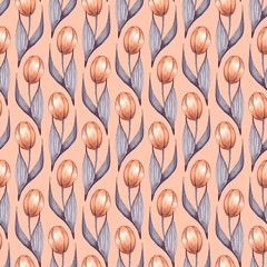 Pattern of tulips 4. Watercolor seamless background with hand drawn flowers