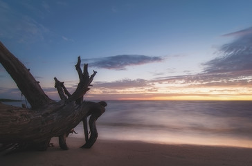 beautiful seascape with sandy beach on sunset