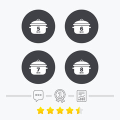 Cooking pan icons. Boil five, eight minutes.