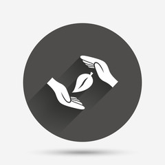Protection of nature sign icon. Hands protect cover.