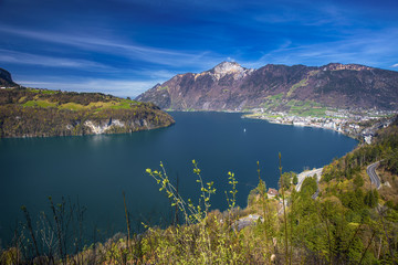 Fototapeta na wymiar eautifula panorama of Lake Lucerne, Seelisberg, town Brunnen and village Bauen from Morschach, Switzerland