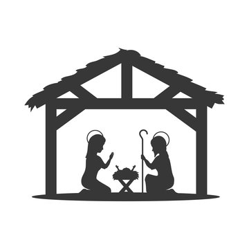 Traditional Christian Christmas Nativity Scene of baby Jesus in the manger with Mary and Joseph in silhouette. vector illustration