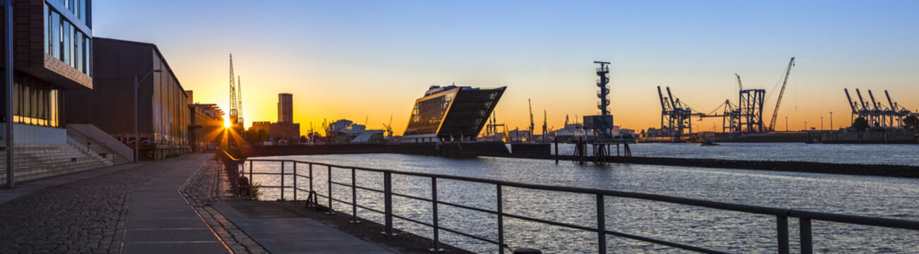 Port of Hamburg, Panoramaview in the early Morning Sun, Office Buildings at the Riverside of the Elbe