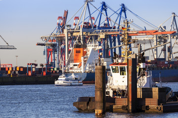 Port of Hamburg, Panoramaview in the early Morning Sun, Office Buildings at the Riverside of the...