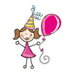 avatar kid girl wearing pink dress and party hat with balloon. vector illustration
