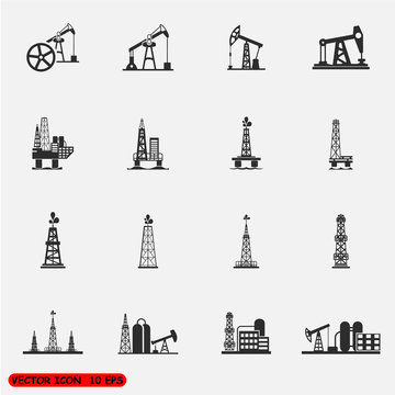 Oil rig, pump and oil drilling platform icons sets